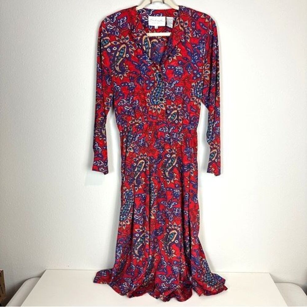 Vintage 90s Schrader Sport Red & Blue Paisley Long Sleeve Midi Dress 12P